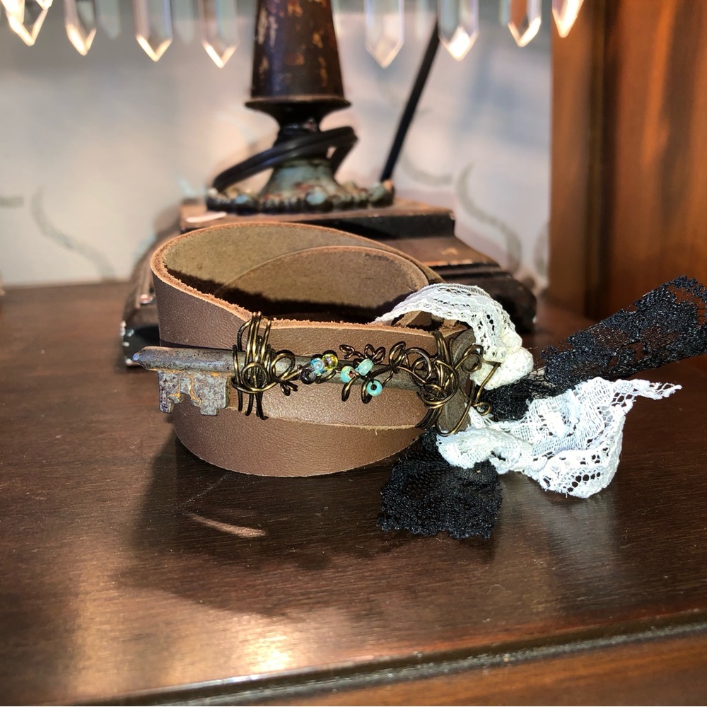 Brown leather key and copper wire bracelet